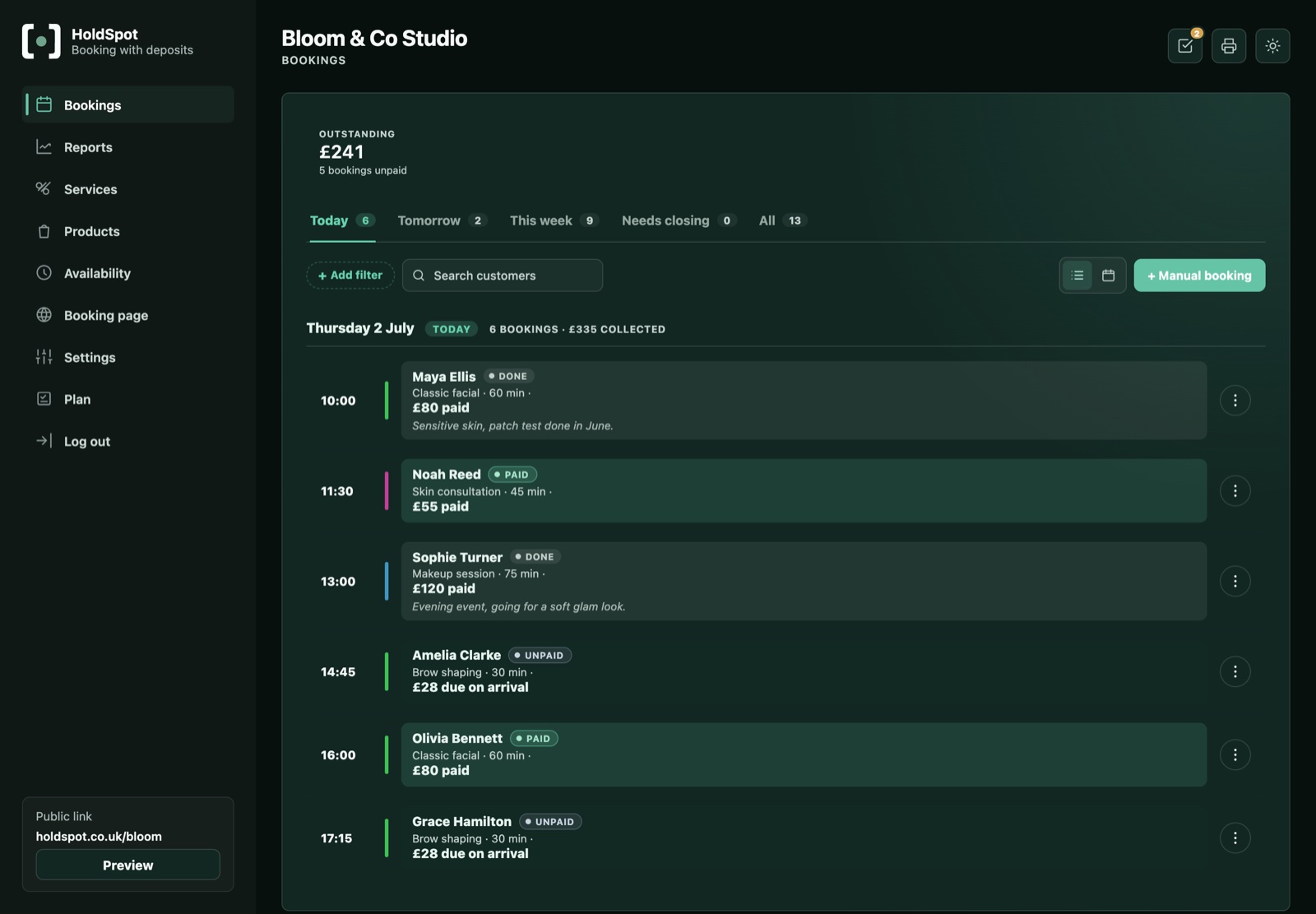 HoldSpot owner dashboard showing a day of bookings with payment statuses