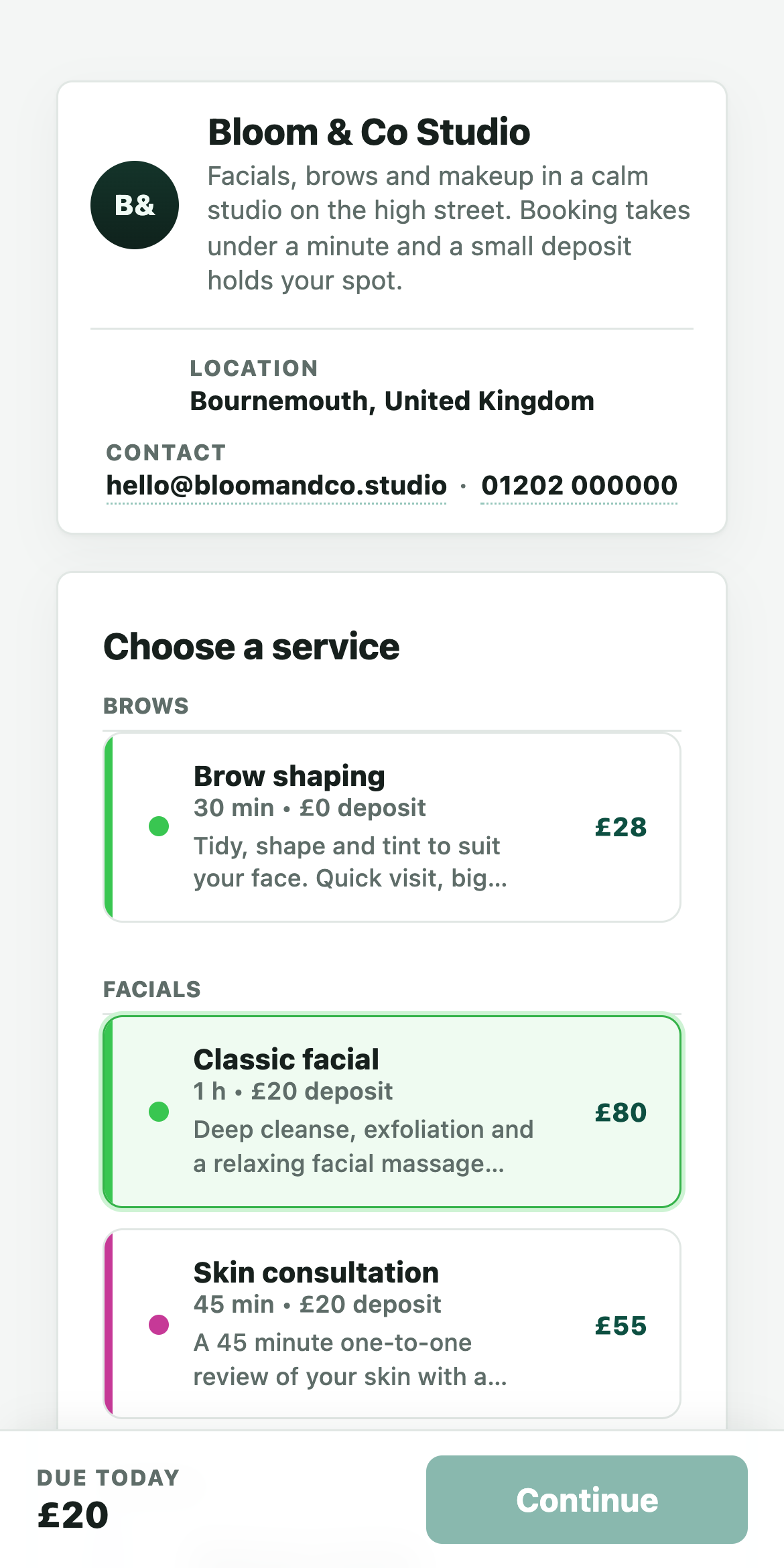 Public booking page on a phone: services with prices, deposits and a due-today bar