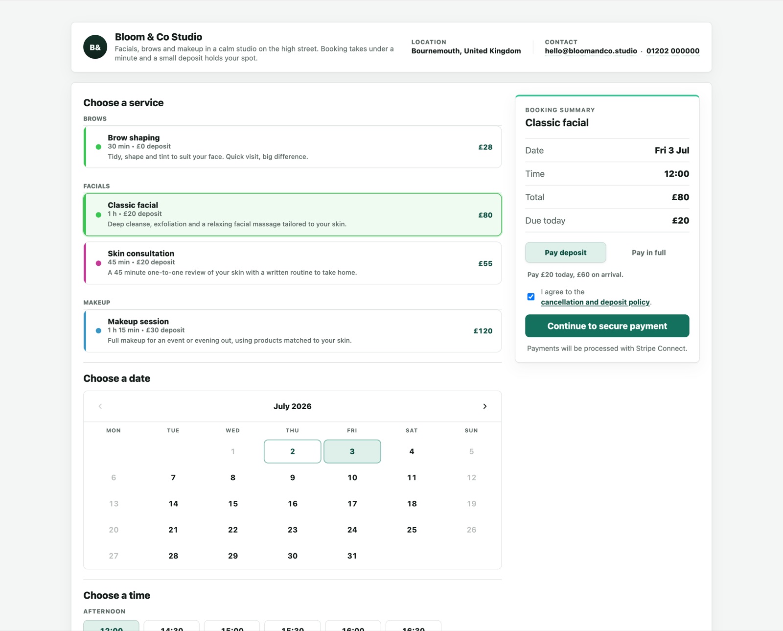 Public booking page with services, calendar and booking summary