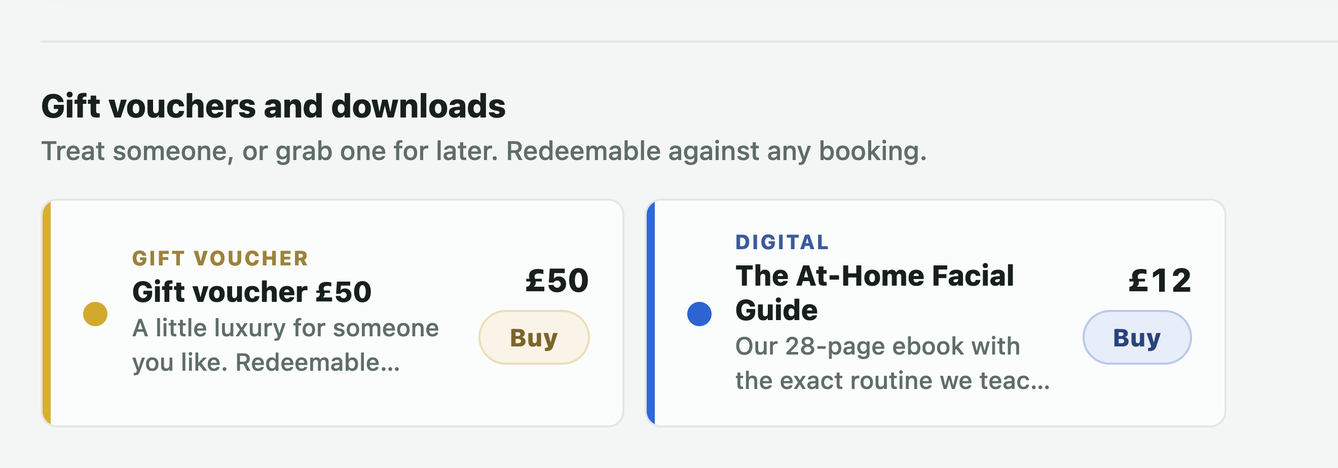 Gift voucher and ebook cards on the public booking page
